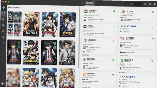动漫大师聚合搜索功能示意图，画面展示软件界面内多个资源站结果并列显示，左侧为动漫海报墙管理界面，风格清晰直观