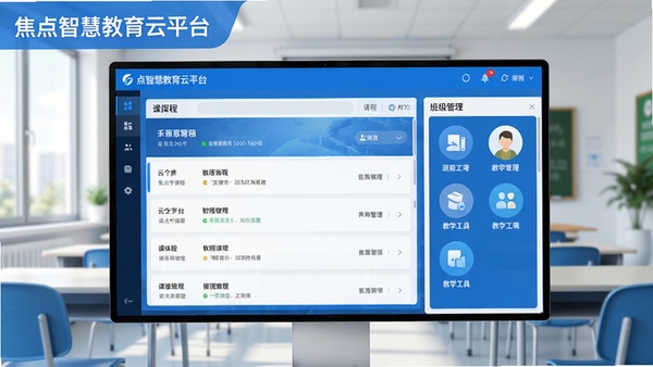 焦点智慧教育云平台主界面预览图，展示清晰的课程列表、班级管理面板与教学工具图标，背景为明亮的现代教室环境，整体色调以蓝色和白色为主，界面布局整洁有序，软件名称显示在屏幕左上角