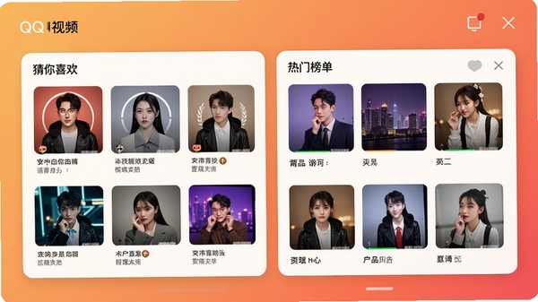 QQ视频桌面版智能推荐页面效果图,展示根据用户喜好生成的个性化内容模块,包含“猜你喜欢”和“热门榜单”区域,界面设计时尚,卡片式布局,背景为暖色调渐变