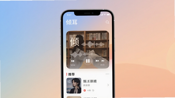 倾耳APP主界面预览图，手机屏幕展示有声书架和推荐列表，背景为淡雅的渐变色，整体风格简洁现代，突出应用名称“倾耳”和音频播放元素，适配竖屏展示