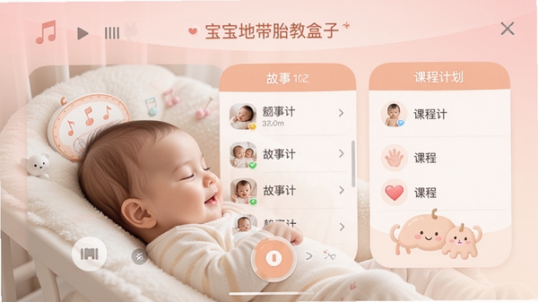 宝宝地带胎教盒子的软件主界面截图，画面主体为温馨的母婴互动场景，背景为淡粉色渐变，界面中展示音乐播放、故事列表与课程计划模块，整体色调柔和，以暖色调为主，体现轻松、愉悦的胎教氛围