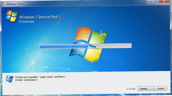 Windows 7 Service Pack 1 安装界面预览图,画面中央显示安装进度条,背景为简洁的蓝色调,营造出专业、稳定的系统升级氛围