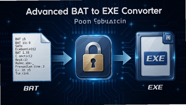 Advanced BAT to EXE Converter 加密功能示意图，画面中央显示一个带有锁形图标的文件转换过程，左侧是文本格式的BAT文件，右侧是封装好的EXE文件，背景采用深蓝色科技感视觉风格