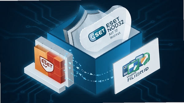 ESET NOD32 Antivirus多层防护示意图,展示防火墙、文件监控、网页过滤等模块协同工作,画面采用等距视角,科技蓝与白色为主色调