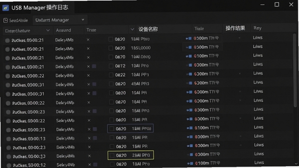 USB Manager操作日志界面，表格展示设备接入时间、设备名称、操作结果，深色主题，数据密集，专业感强