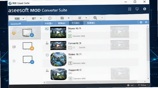 Aiseesoft MOD Converter Suite在电脑屏幕上运行的界面全貌，主窗口显示软件名称和视频转换列表，背景为深蓝色科技感风格，界面布局清晰可见，整体画面明亮且专业
