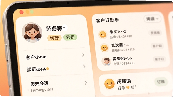 客服小助手客户信息面板特写，展示一个包含客户头像、昵称、标签、历史会话记录和订单摘要的侧边栏界面，设计风格圆润友好，信息层级分明，背景为柔和的暖色调渐变