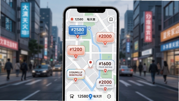 12580每天惠的定位优惠功能示意图，手机地图上显示多个商家标签，每个标签带有折扣数字，背景为城市街道，整体风格简洁现代，突出智能推荐与本地化服务