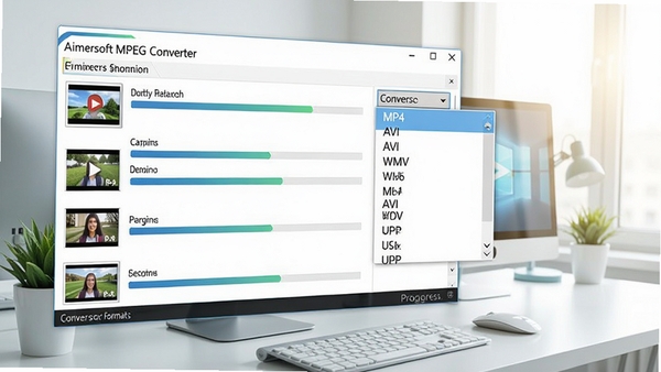 Aimersoft MPEG Converter的格式转换界面，显示多个视频文件正在批量转换，进度条清晰可见，转换格式列表下拉菜单展开，包含MP4、AVI、WMV等选项，背景为现代办公桌面，色调明亮，突出高效批量处理能力