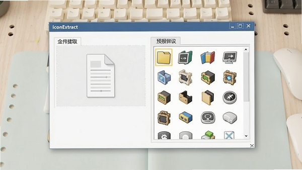 AIconExtract软件主界面截图，展示其简洁的工具布局和图标提取功能，背景为浅色工作台，软件窗口居中显示，界面清晰标注文件导入区域与图标预览列表