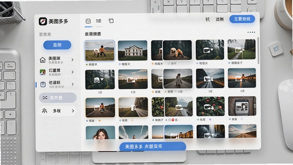 美图多多主界面预览图,展示整洁的功能分区与图片素材缩略图网格,背景为浅灰色工作台,突出软件logo与主要工具按钮,风格写实清晰