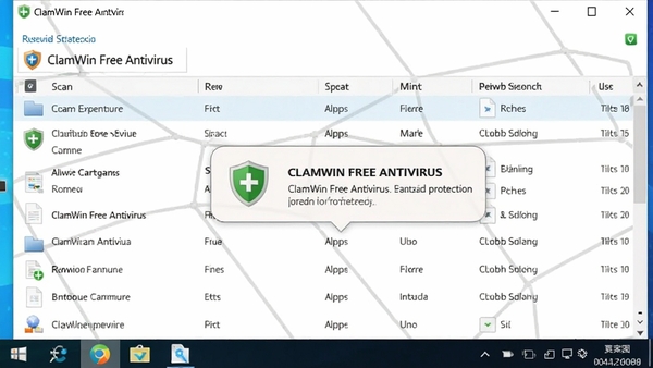 ClamWin Free Antivirus实时防护界面,显示正在扫描文件的列表,图标为绿色盾牌,背景为系统托盘弹出气泡提醒,画面风格清晰明亮