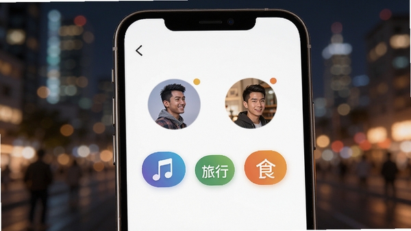 别样爱应用的兴趣匹配界面，手机屏幕展示两个用户共同的兴趣标签如音乐、旅行、美食，以彩色图标形式呈现，背景为模糊的城市夜景，画面温馨且具有科技感，高清细节丰富，无文字