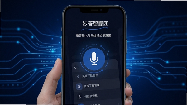 妙答智囊团语音输入与离线模式示意图，手机界面显示麦克风图标和离线下载管理页面，背景为科技感线条，突出便捷与稳定