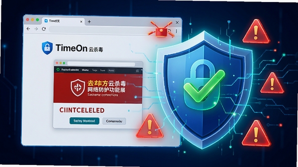 TimeOn云杀毒网络防护功能展示图，画面为浏览器窗口正在访问一个被拦截的危险网站，背景是盾牌形状的防护屏障，周围有红色警告标志和绿色安全对勾，色调鲜明，突出安全浏览场景