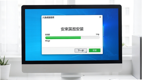 展示火速桌面搜索的安装过程示意图，电脑屏幕上显示安装向导界面，进度条正在加载，旁边有“下一步”和“安装”按钮，整体画面明亮清晰，模拟真实的软件安装场景