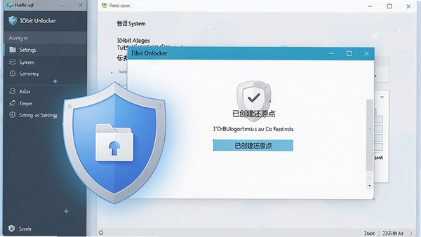 IObit Unlocker安全机制展示图，画面中有盾牌图标保护文件，软件界面显示“已创建还原点”提示，背景为系统设置界面，风格清新，强调安全性。