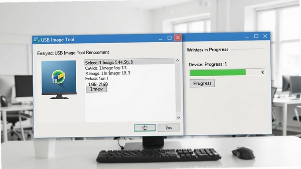 USB Image Tool还原镜像操作界面，软件中显示选择镜像文件窗口，右侧为设备写入进度，背景为亮色办公环境
