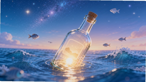 小圈漂流瓶主界面展示，画面中央是一个漂浮在蓝色海面上的玻璃瓶，瓶身散发温暖光芒，背景是渐变星空与海浪，整体风格清新治愈，突出社交与随机相遇的氛围，画面细节丰富，色彩柔和，适合应用商店预览图风格