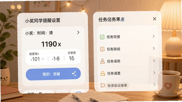 小奖同学提醒设置界面,时间选择器和任务列表,背景温馨柔和,突出个性化配置