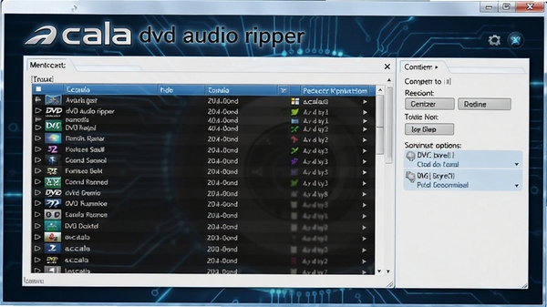 acala dvd audio ripper界面全览，主窗口显示DVD音轨列表与转换选项，背景为深蓝色科技感界面，突出软件名称acala dvd audio ripper，画面清晰明亮，适合作为软件介绍图