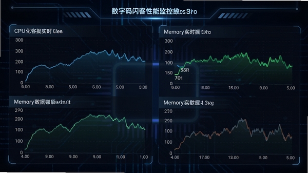 数码闪客性能监控图表,CPU与内存实时数据曲线,背景为深色科技感风格