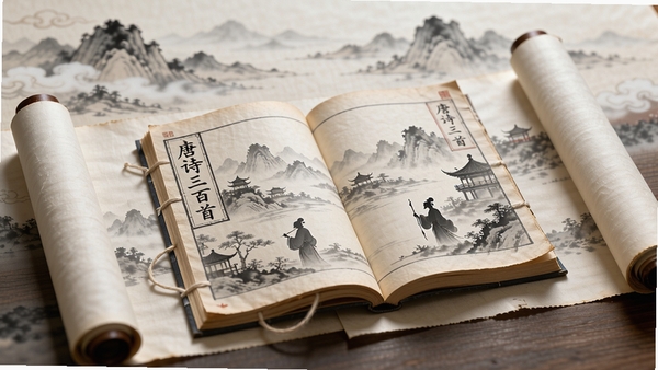一幅古风画卷徐徐展开，中央摆放着一本翻开的线装古籍《唐诗三百首》，书页上隐约浮现出山水楼阁与诗人剪影，背景为淡墨晕染的远山与飘渺云雾，整体色调为宣纸白、水墨灰与朱砂红点缀，横版构图，柔和自然光，高清细节丰富