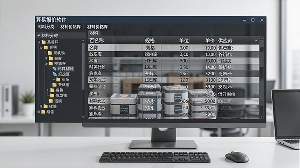 算易报价软件中材料价格库的界面展示，左侧为材料分类树，右侧为材料列表，包含名称、规格、单位、单价和供应商信息，表格样式清晰，数据丰富，背景为简洁的办公桌面，体现软件数据管理的便捷性