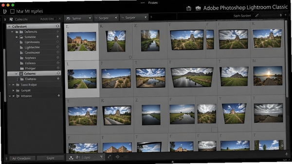 Adobe Photoshop Lightroom Classic 图库模块管理界面，展示照片网格视图，左侧为收藏夹列表，顶部有筛选与排序选项，界面干净整洁，色彩准确