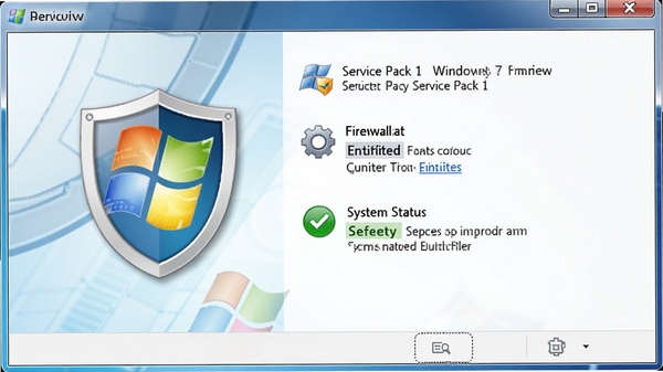 Windows 7 Service Pack 1 安全中心界面预览,盾牌图标醒目,显示防火墙已启用,系统状态为绿色安全,背景为简洁的科技纹理