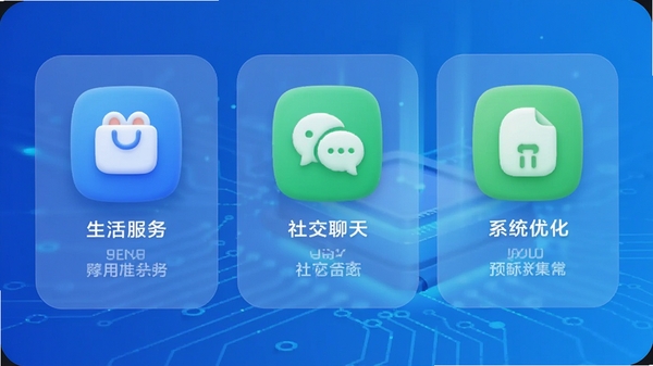 摩米硕应用主界面预览图,展示生活服务、社交聊天与系统优化三大核心功能模块的图标布局,背景为渐变的蓝色科技感界面,整体风格简洁明快,图标圆润立体,突出软件的多功能集成特性。