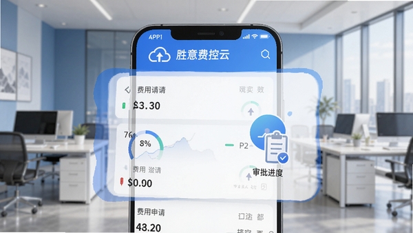 胜意费控云手机端主界面展示,画面中央为费用申请列表与审批进度图标,背景为简洁的企业办公环境,色调以蓝色和白色为主,强调移动端财务管理的高效与便捷,界面清晰展示APP名称胜意费控云,符合商务软件风格