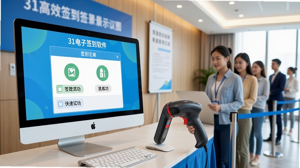 31电子签到软件多人快速签到场景示意图，电脑屏幕显示签到成功列表，旁边有扫码枪设备，背景为会议室签到处，人员有序排队，画面强调高效便捷，色调明亮清晰