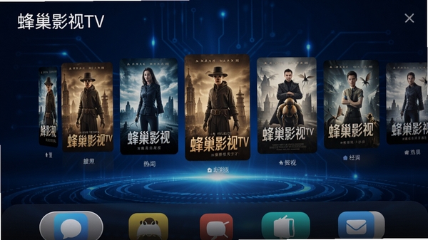 蜂巢影视TV主界面预览图,画面中央展示热门影视海报墙,背景为深蓝色科技感光效,界面布局清晰,图标圆润,整体风格现代简洁,突出软件名称蜂巢影视TV,高清渲染