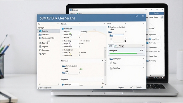 一幅现代简约风格的电脑软件界面预览图,画面主体为SBMAV Disk Cleaner Lite主窗口界面,界面清晰展示磁盘清理分类列表与扫描进度条,背景为干净的浅灰色工作台,桌上放置一台笔记本电脑,屏幕中呈现软件扫描磁盘的细节,整体画面明亮、专业,突出软件的高效与简洁感