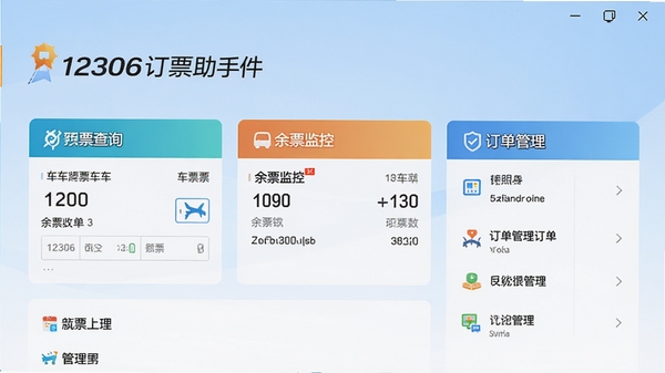 12306订票助手软件主界面预览图,显示车票查询、余票监控、订单管理等核心功能模块,界面简洁清晰,背景为浅蓝色渐变,突出软件名称与功能布局