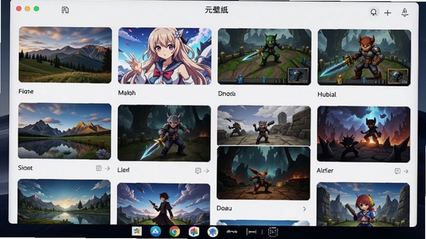 元壁纸软件主界面截图，展示高清壁纸瀑布流，包含风景、动漫、游戏等分类缩略图，界面简洁明亮，背景为深色桌面壁纸，图片风格现代，细节丰富，整体氛围舒适，适配Boogu模型生成
