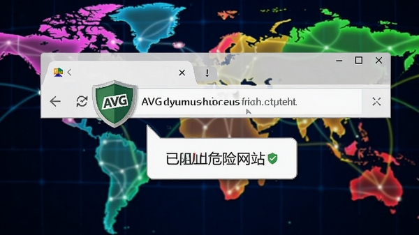 AVG杀毒软件的网页防护功能预览，画面展示一个浏览器窗口，地址栏旁边有一个AVG的绿色盾牌图标，下方有“已阻止危险网站”的提示气泡，背景是色彩斑斓的网络世界地图，突出其过滤有害信息的能力