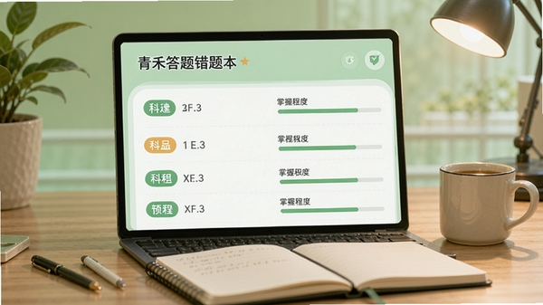 青禾答题错题本功能预览，界面展示一个整齐的错题列表，每一项有科目标签和掌握程度进度条，背景为柔和的绿色护眼色调，桌面有一个笔记本和咖啡杯，营造学习氛围