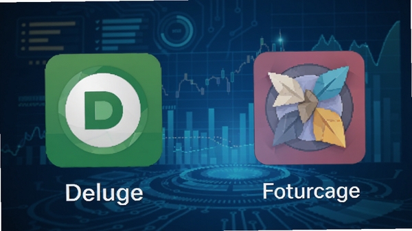 Deluge软件性能对比示意图,左侧为内存占用低的Deluge图标,右侧为其他软件图标,背景为蓝色科技感数据图表,突出轻量高效的特点