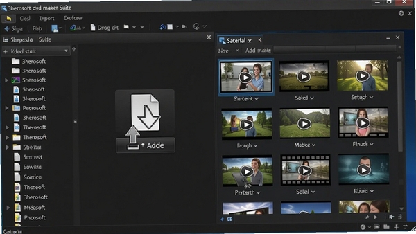 3herosoft dvd maker suite视频导入界面特写,显示文件拖拽添加操作,素材库窗口展示多个视频缩略图,界面采用深色主题,文件列表清晰,背景为渐变蓝色调,突出软件的专业性与易用性