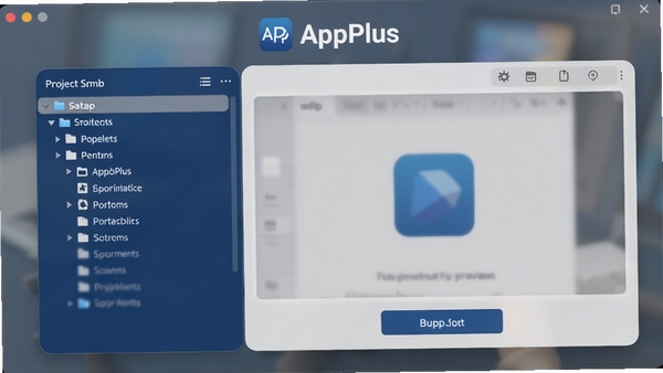 AppPlus主界面截图，展示其简洁的工具布局，左侧为项目文件树，右侧为预览窗口和打包按钮，整体采用深蓝色与浅灰搭配的现代风格，窗口背景为半透明毛玻璃效果，画面上方有AppPlus标志，细节清晰