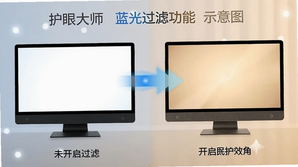 护眼大师蓝光过滤功能示意图,左侧为未开启过滤的刺眼冷白屏幕,右侧为开启后的柔和暖色屏幕,对比鲜明,背景为简洁渐变,突出护眼效果