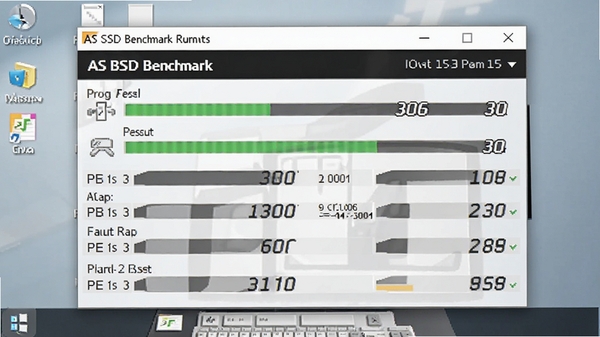AS SSD Benchmark运行测试时的界面,显示进度条和实时数据,背景为简洁的桌面环境,软件窗口高亮显示,突出测试过程和结果数字
