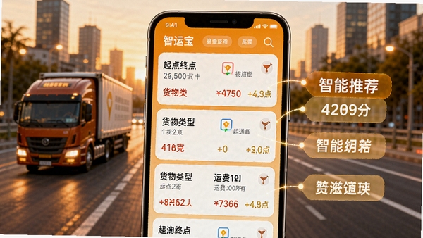 智运宝智能货源匹配功能示意图,手机屏幕上显示多个货运订单卡片,包含起点终点、货物类型、运费金额等信息,界面右侧有智能推荐标签,背景为模糊的城市道路和货车行驶场景,突出大数据匹配的精准性和高效性,画面采用明亮的暖色调,营造积极向上的氛围。