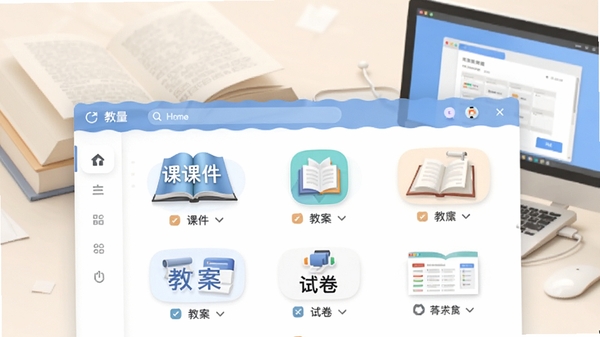 网络教辅软件的海量教学资源库界面，展示分类清晰的课件、教案和试卷列表，图标设计精美，背景为柔和的书本与电脑元素