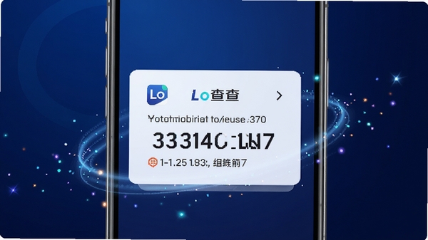 Lo查查主界面展示，手机屏幕显示号码查询结果页，背景为深蓝色科技感渐变，屏幕中央有一个放大的手机号码卡片，卡片上清晰标注“Lo查查”品牌名和查询结果摘要，四周有光影粒子效果，整体风格现代简洁，适配移动端竖屏展示，高清渲染
