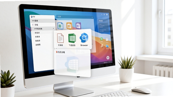 YY菜单在办公场景下的应用示意图，屏幕上显示悬浮菜单展开，包含文档、表格、浏览器等快捷方式，背景为明亮整洁的办公桌，显示器上可见菜单面板的清晰布局