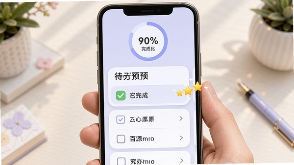 心语心愿心愿清单功能预览，手机屏幕展示待办事项列表，其中一项已完成打勾并有星星动画，背景为淡紫色，卡片式布局，顶部有进度环显示完成比例，整体风格清新，突出目标管理场景