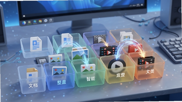 腾讯桌面整理AI内测版进行智能文件分类的过程示意图，展示不同文件类型如文档、图片、视频被AI识别并自动拖拽到对应分类格子的动态效果，画面中有半透明的分类格子，每个格子有不同图标和颜色标识，背景为电脑桌面，科技感光效，细节丰富，3D渲染，高分辨率